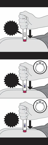 Secuencia de tres ilustraciones que muestran una mano presionando un dispositivo médico sobre la piel con una flecha hacia abajo y un temporizador