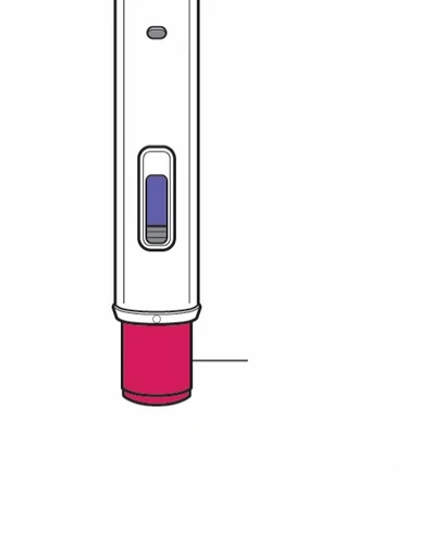Dispositivo médico con forma de pluma blanca con una ventana central que muestra un líquido azul y una base cilíndrica de color rojo intenso