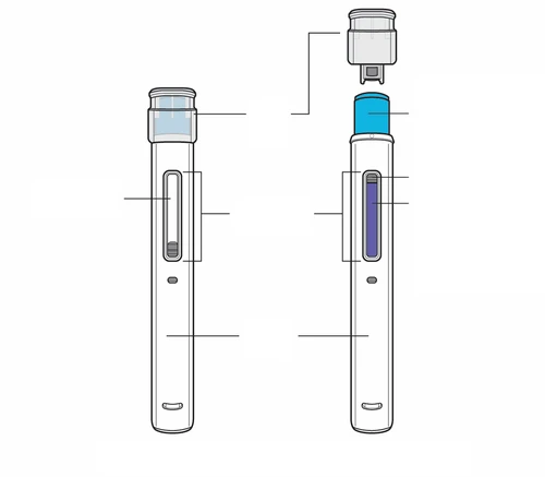 Diagrama técnico de un dispositivo médico en forma de pluma con componentes despiezados que muestran la tapa, el cuerpo y la ventana de control del líquido