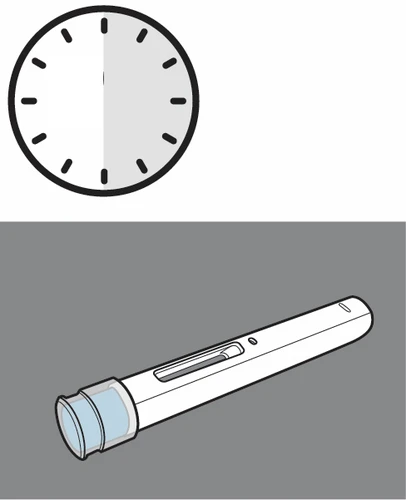 Icono de un reloj analógico estilizado sobre un dispositivo médico blanco con forma de pluma con un