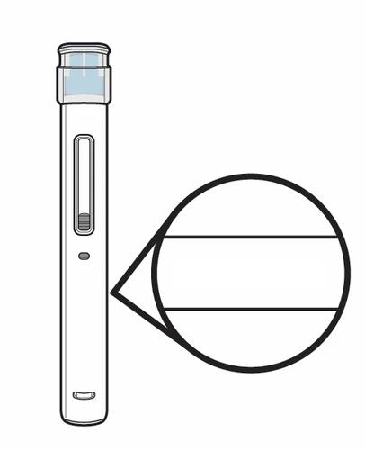 Dibujo técnico de una pluma inyectora médica blanca con un aumento circular que muestra el detalle de la ventana de control transparente