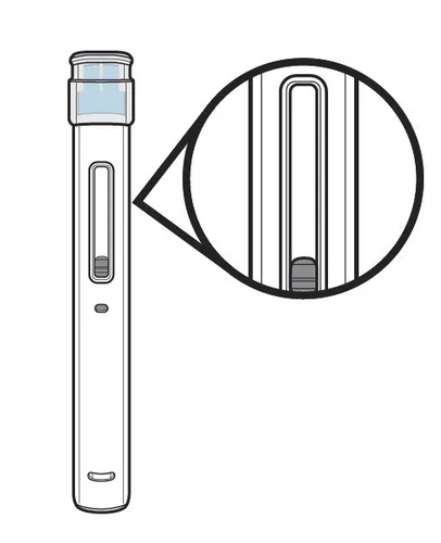 Dibujo técnico de un dispositivo médico cilíndrico blanco con un aumento circular que muestra un detalle de una ranura con un indicador interno