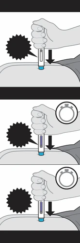 Tres ilustraciones secuenciales muestran una mano presionando un dispositivo médico sobre la piel con flechas negras que indican el movimiento hacia abajo