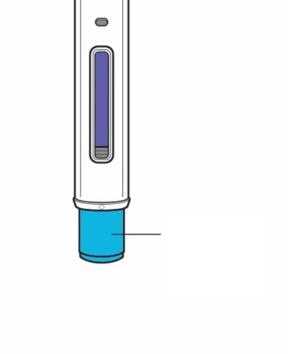 Dispositivo médico con forma de pluma con cuerpo blanco, una ventana central que muestra un líquido azul y una base cilíndrica de color azul celeste