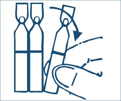 Blue technical drawing showing two vertical vials and a third tilted vial with a curved arrow indicating the cap opening movement
