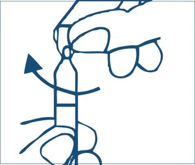 Blue line drawing showing two hands rotating a medication vial with a curved arrow indicating rotational movement