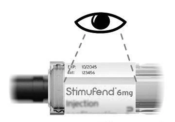Крупний план ампули Stimufend 6 мг Injection із терміном придатності 10/2045 та серією 123456 під нею