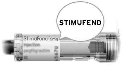 Переднаповнений шприц Stimufend 6 мг pegfilgrastim SC із білою бульбашкою для тексту, що містить напис STIMUFEND чорним капіталом