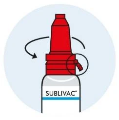 Diagrama que muestra cómo girar la parte superior roja de un frasco SUB LIVAC para abrirlo, con una flecha negra curva que indica el movimiento