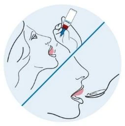 Dibujo lineal de una persona vertiendo gotas desde un frasco en la boca
