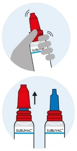 Ilustración médica que muestra una mano girando la tapa roja de un frasco Sublivac y la posterior retirada del tapón azul