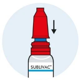 Ilustración de un frasco de medicamento Sublivac con tapa roja y una flecha negra dirigida hacia abajo que indica la
