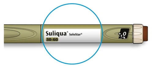 Długopis iniekcyjny Suliqua SoloStar z wskaźnikiem dawki 30-60 podkreślonym niebieskim okręgiem na neutralnym tle