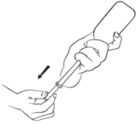 Black line drawing showing two hands holding a syringe to insert the