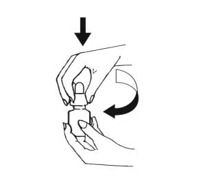 Dibujo en blanco y negro que muestra dos manos girando la tapa de un frasco siguiendo una flecha curva hacia la izquierda