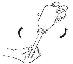 Dos manos sostienen un frasco y una ampolla con flechas curvas que indican el movimiento de rotación para desenroscar o enroscar los componentes