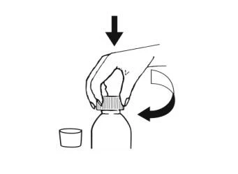 Dibujo técnico que muestra una mano presionando hacia abajo y girando la tapa de un frasco médico con flechas direccionales negras