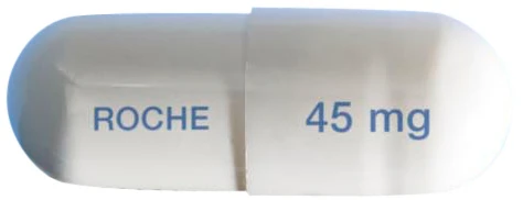 Cápsula blanca con la inscripción ROCHE en azul en la mitad izquierda y la indicación 45 mg en azul en la mitad derecha