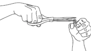 Dibujo lineal de dos manos que utilizan un par de tijeras para cortar un pequeño anillo metálico o un precinto de seguridad