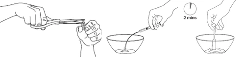 Ilustración que muestra cómo cortar el vial, aspirar el líquido con una jeringa y esperar 2 minutos antes de mezclar el contenido en un recipiente