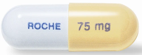 Cápsula bicolor con mitad blanca con la inscripción ROCHE en azul y mitad amarilla con la indicación 75 mg en gris sobre fondo blanco