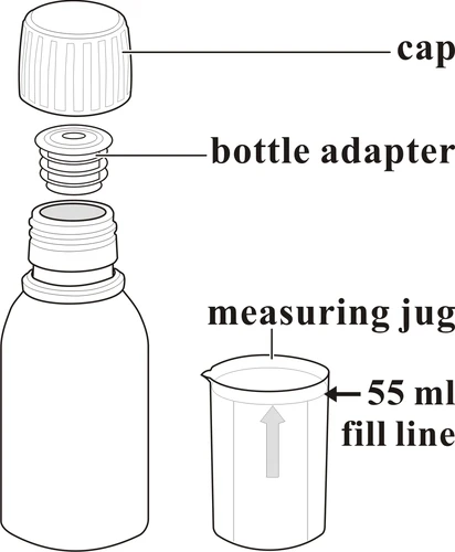 Diagrama despiezado de un frasco con tapón, adaptador para botella y un medidor con indicación de la línea de llenado en 55 ml