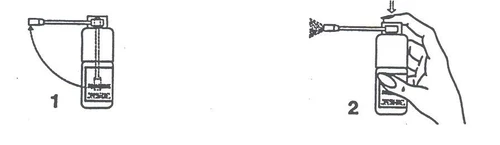 Two-step diagram showing how to press the upper button of a vial with an attached needle to activate the mechanism