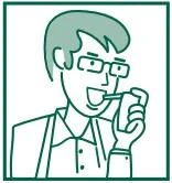 Dibujo lineal verde de un hombre con gafas sosteniendo una caja de medicamentos cerca de la boca abierta para tomar el fármaco