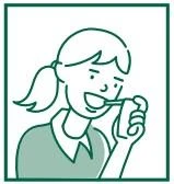 Dibujo estilizado en verde de una chica con el pelo recogido en cola de caballo que sostiene en la mano y toma un medicamento de un sobre o tubo