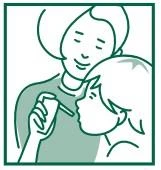 Dibujo estilizado en verde de una mujer que sostiene un frasco y administra un medicamento a un niño con una pipeta