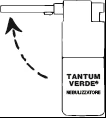 Dibujo técnico de un nebulizador Tantum Verde con una flecha punteada que indica el movimiento de giro hacia la