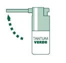 Diagrama técnico de un frasco pulverizador Tantum Verde con una flecha punteada que indica el movimiento de inclinación del