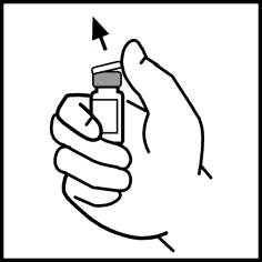 Una mano tiene saldamente un piccolo flaconcino di vetro con un tappo mentre una freccia nera indica il movimento verso l'alto