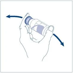 Una mano tiene un flaconcino di vetro inclinato con due frecce blu che indicano un movimento di rotazione o oscillazione laterale