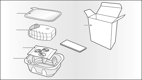 Technical diagram of a medical container with lid, base, a rectangular insert, and an open cardboard box, with indicator arrows