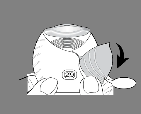 Illustration of a white medical device with the number 29 and a side part rotating downward, indicated by a black arrow
