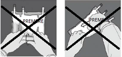 Two illustrations with a large X over them showing hands incorrectly pressing on a drug vial in vertical or tilted positions