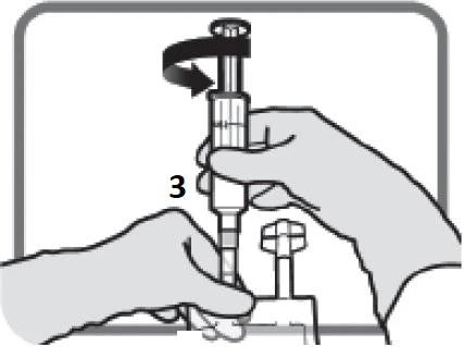 Two hands holding an injection pen to rotate the upper part clockwise following the black arrow indicated by number 3