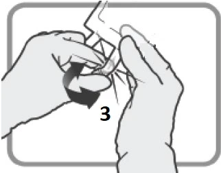 Two hands holding and rotating a medical device clockwise as indicated by a black arrow with the number 3 beside it