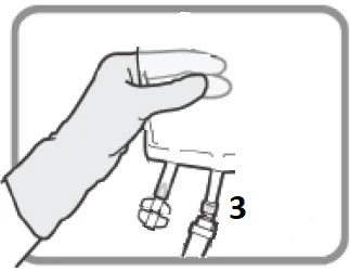 One hand holding a medical device with two small tubes connected at the base labeled number 3