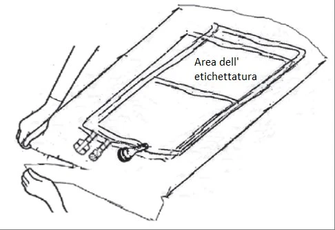 Technical drawing of a rectangular container with raised border and label Area dell