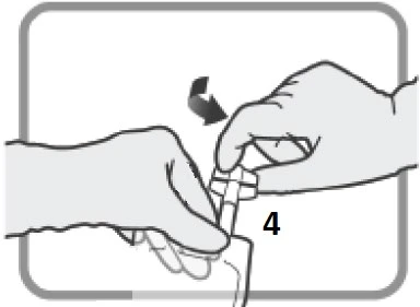 Two hands rotating a part of a medical device to the right as indicated by number 4 and a curved black arrow