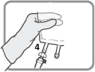 One gloved hand holding a medical device while a tube with a valve and number 4 is connected to the lower part