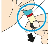 Manos que sostienen una pluma inyectable con un círculo azul que resalta la parte inferior y una flecha negra dirigida hacia abajo
