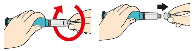 Dos manos giran la parte superior de una pluma inyectable seguida por una segunda mano que la separa con un movimiento hacia la derecha