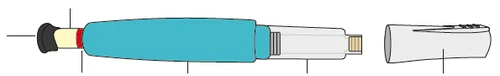Diagrama técnico de un dispositivo médico compuesto por un cuerpo central azul, un