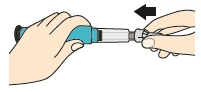 Dos manos que giran una parte de una pluma inyectora hacia la izquierda indicada por una flecha negra para preparar el dispositivo médico