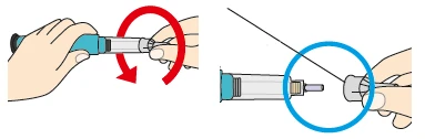 Dos ilustraciones muestran manos que giran una jeringa con una flecha roja y una mano que inserta una aguja en un conector resaltado en azul