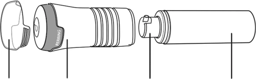 Exploded diagram of a medical device composed of a cap, a central body with grooves, and a terminal cylinder with a threaded connector