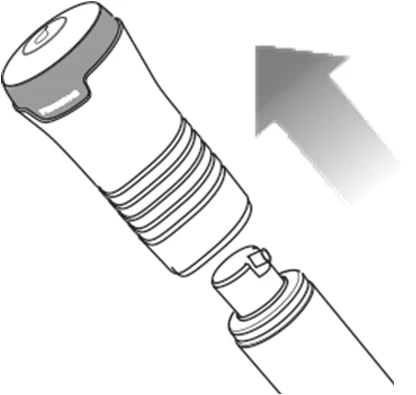 Technical drawing of a cylindrical medical device being separated into two parts, with a gray arrow indicating movement away